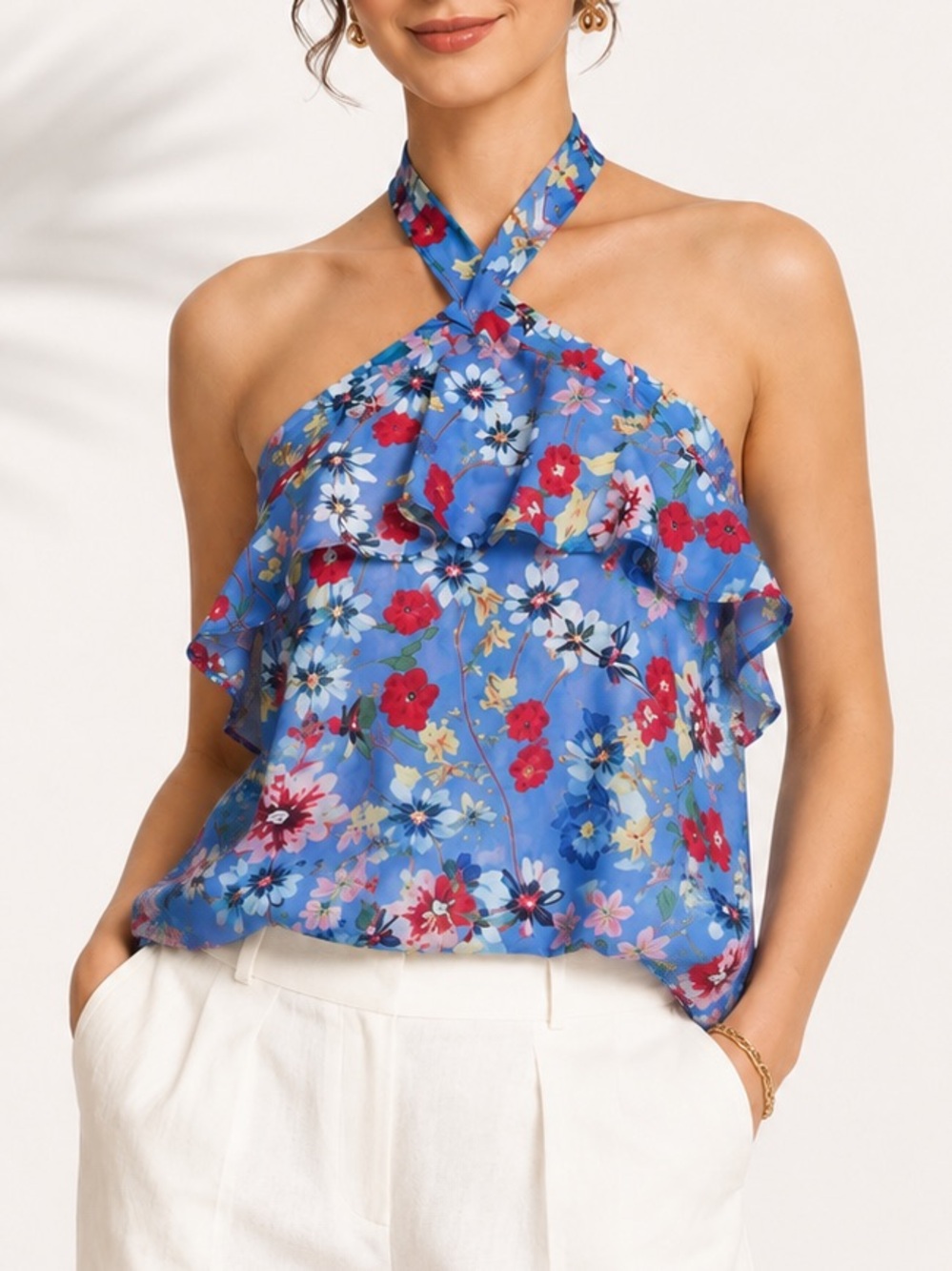 PARKER Sevilla Floral Halter Top Lilac Blue Ruffle Silk-Feel Resort Blouse NWT M